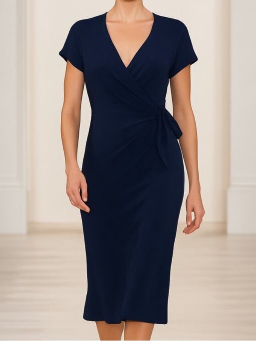 RALPH LAUREN Black Label Silk Wrap Dress Short Sleeve Navy Blue Size Medium M